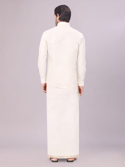 Men's Beige Color Tissue Shirt with Jari Dhoti Combo back pose
