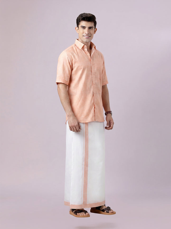 Men's Coral Color Digital Printed Shirt with Matching Printed Border Dhoti Combo Varnam