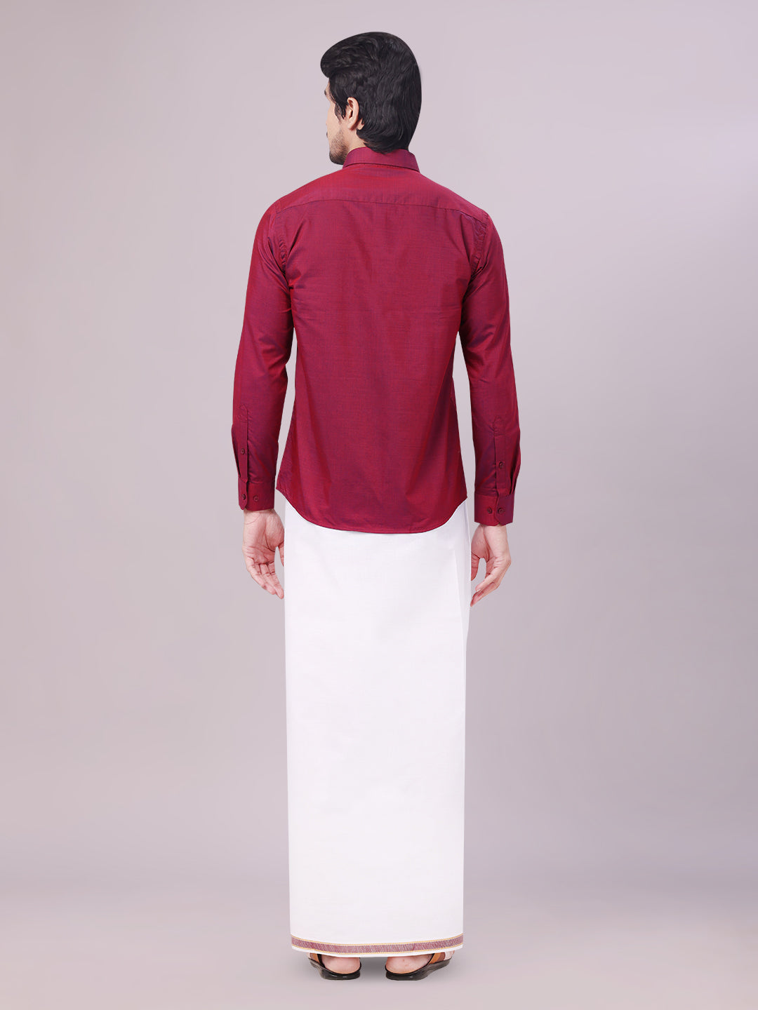 Men's Medium Wine Shirt with Matching Border Dhoti Combo Pinto back pose