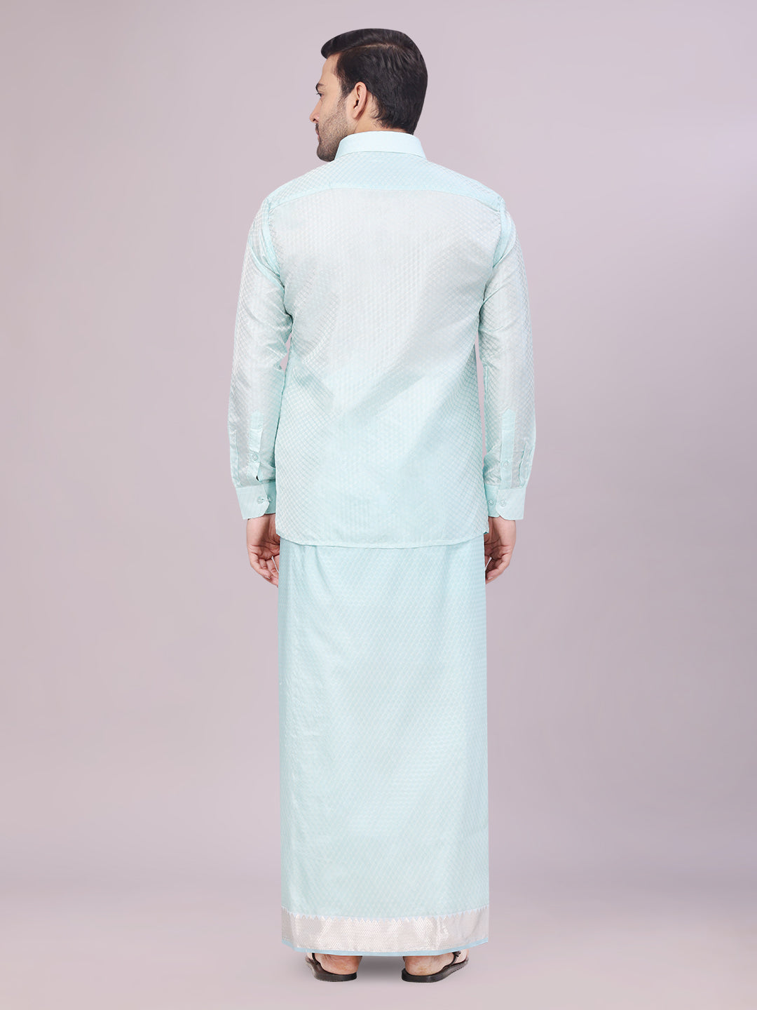 Men's Art Silk Sea Green Jacquard Full Sleeves Shirt with 2 1/2" Jari Border & Towel Dhoti Combo Nautica