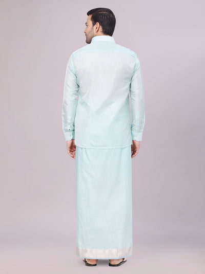 Men's Art Silk Sea Green Jacquard Full Sleeves Shirt with 2 1/2" Jari Border & Towel Dhoti Combo Nautica