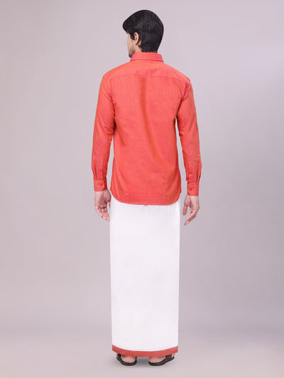Father & Son Brick Color Cotton Shirt with Matching Border Dhoti Combo