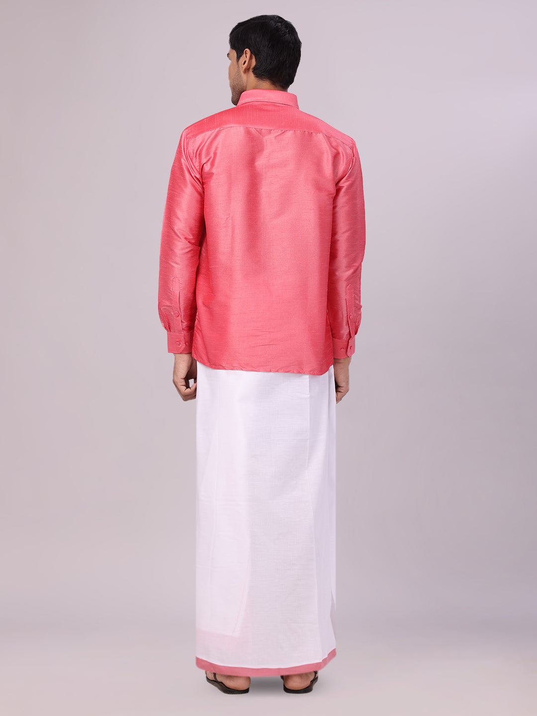 Men's Coral Pink Dupion Satin Shirt with Matching Border Dhoti Combo Gora back pose