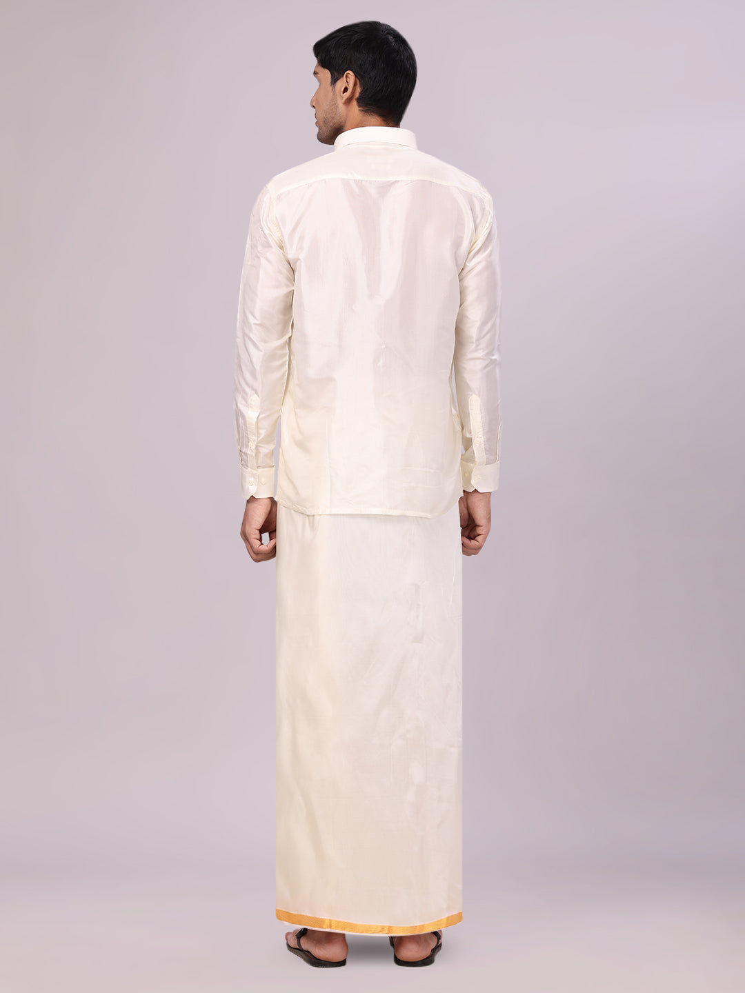 Men's Silk Mix Wedding Cream Shirt, Dhoti, Nerial with Belt Combo - Thamboolam back pose