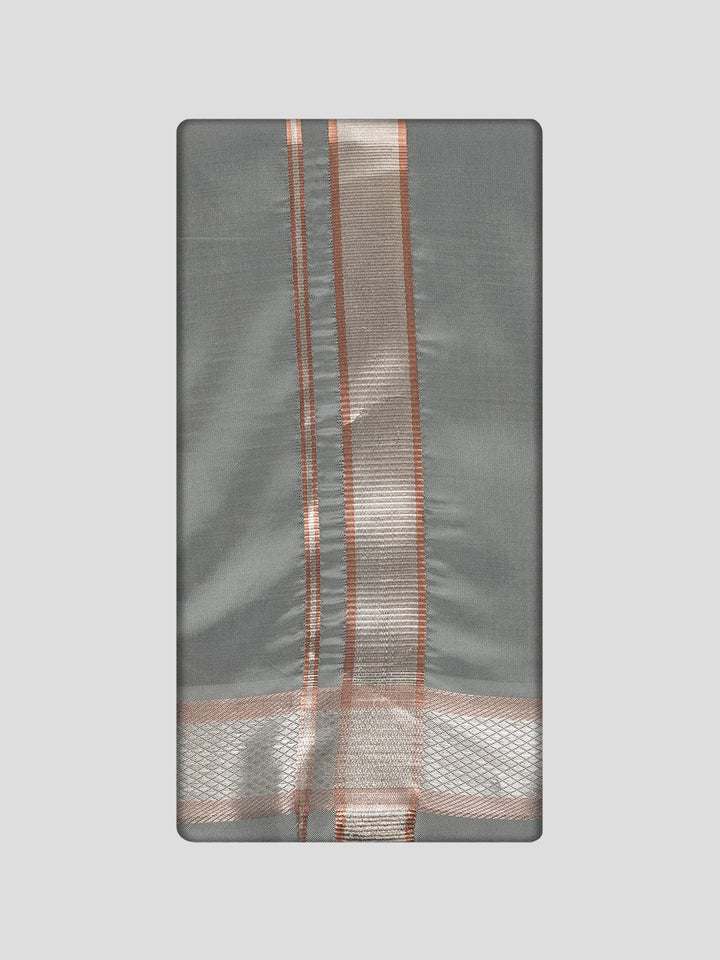 Men's Premium Art Silk Steel Grey Shirt Bit with Silver Jari Border Dhoti Towel Combo Wedding Wonders