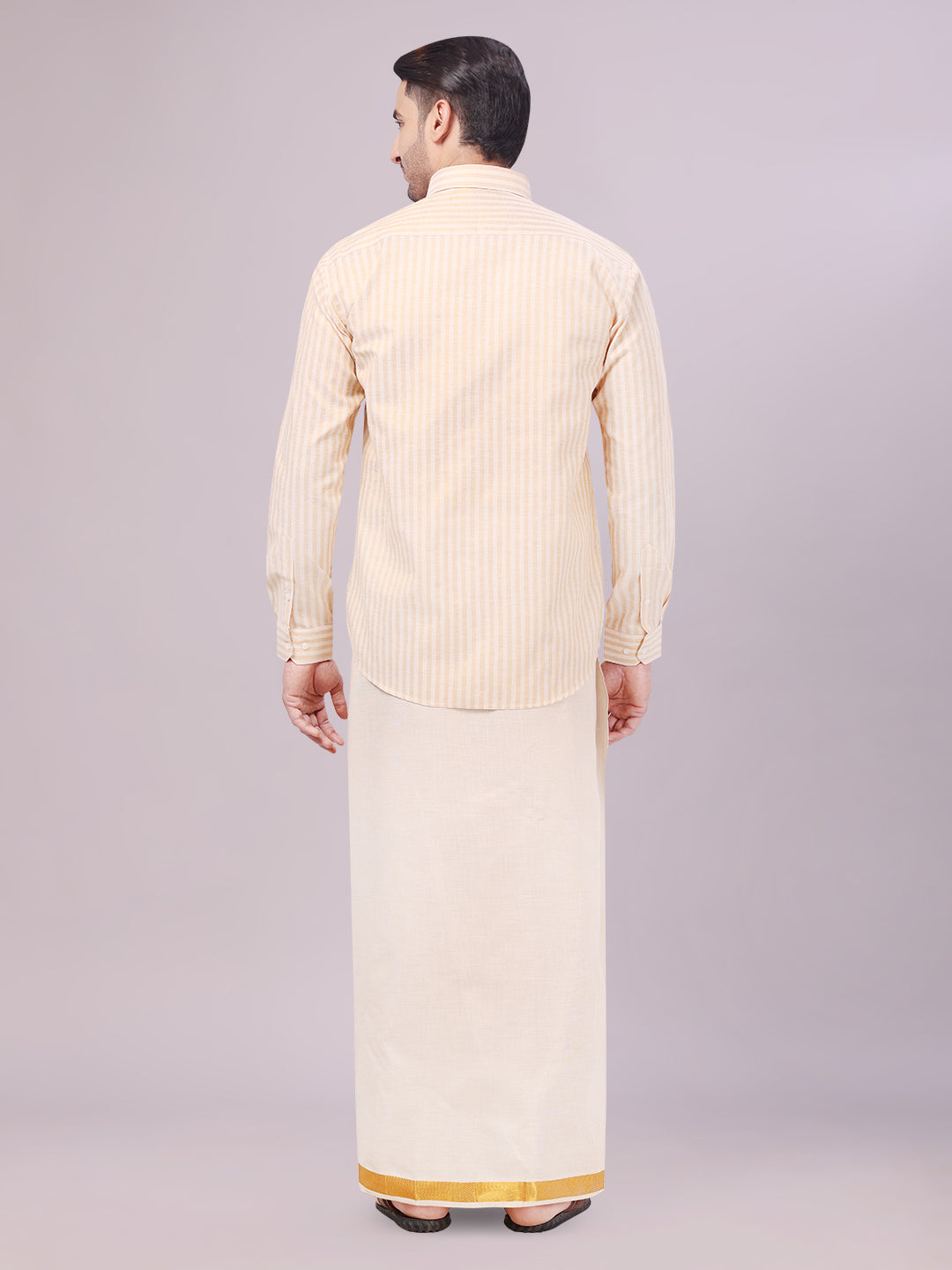 Mens Tissue Stripes Gold Shirt with Plain Jari Border Dhoti Wedding Combo Carter