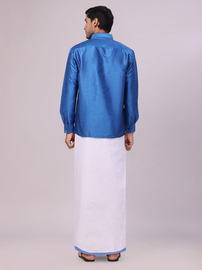 Men's Sky Blue Dupion Satin Color Shirt with Matching Border Flexi Dhoti Combo Gora Flexi back pose