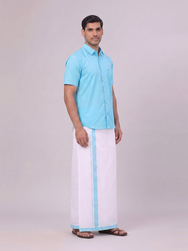 Mens Sky Blue Color Shirt with Matching Border Dhoti Combo Casper