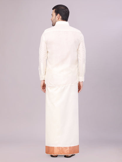 Mens Art Silk Cream Jacquard Full Sleeves Shirt with 2 1/2" Copper Jari Border Dhoti Combo Nautica