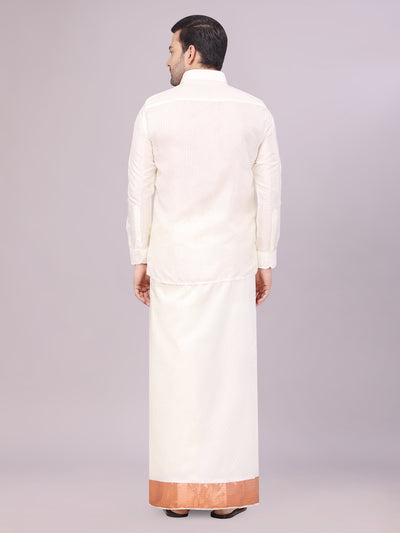 Mens Art Silk Cream Jacquard Full Sleeves Shirt with 2 1/2" Copper Jari Border Dhoti Combo Nautica