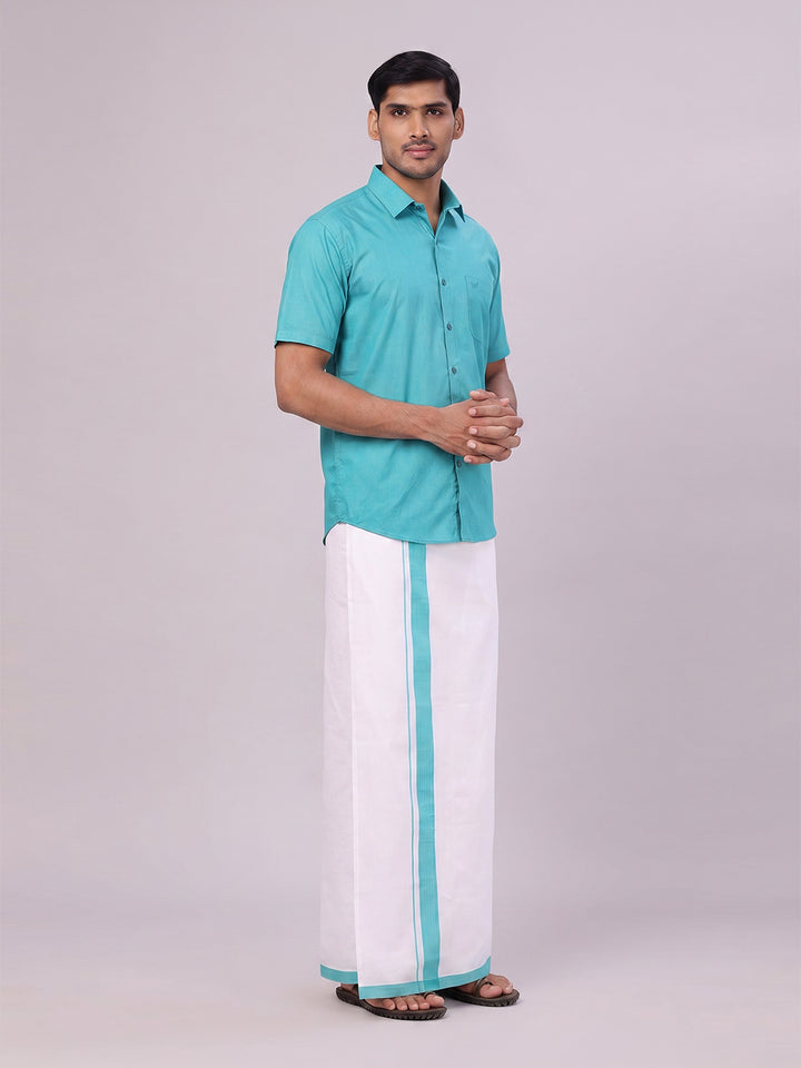 Mens Sky Green Color Shirt with Matching Border Dhoti Combo Casper