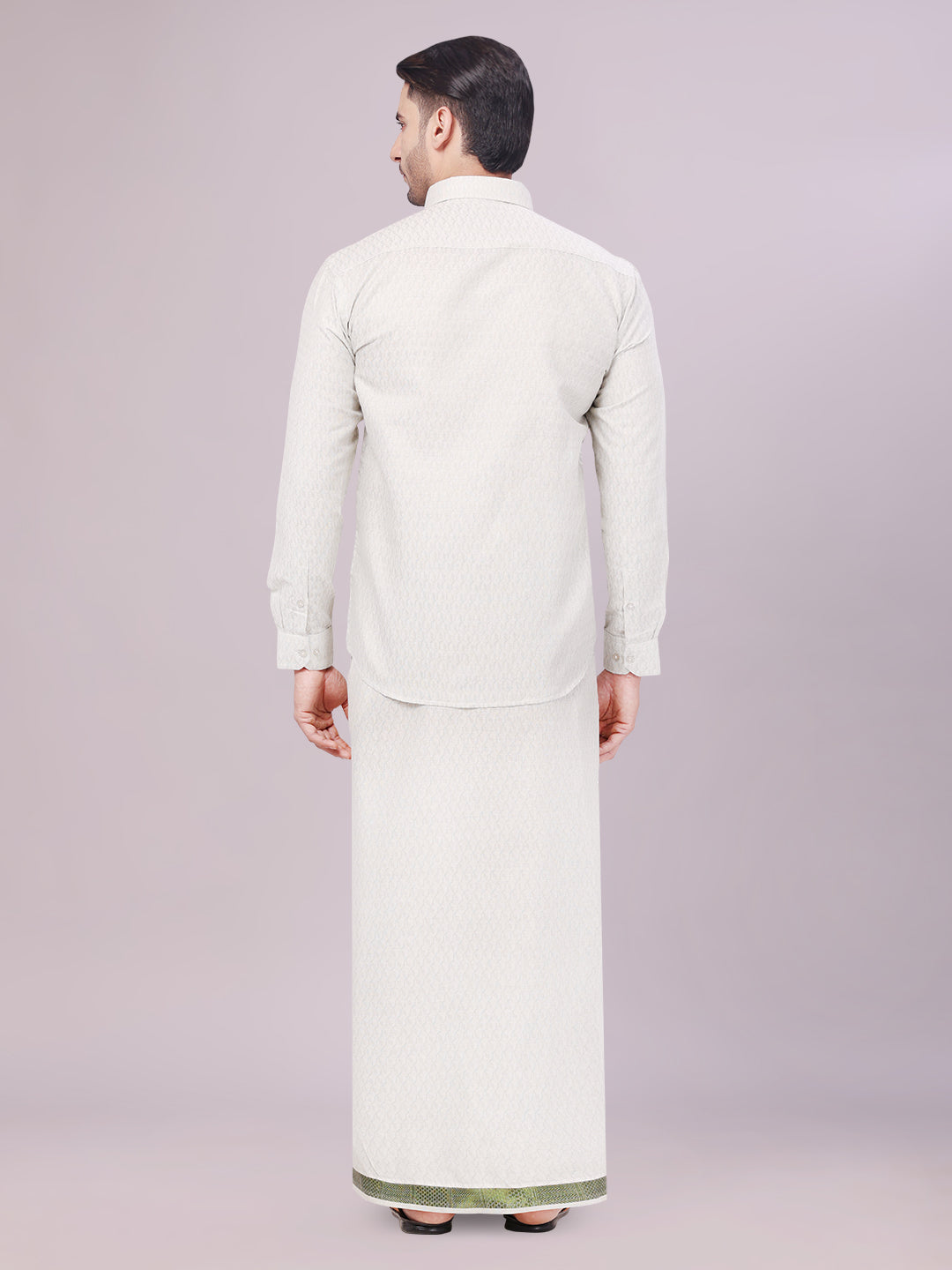 Men's Olive Green Colour Jacquard Shirt with Matching Dhoti Combo Zeebra back pose