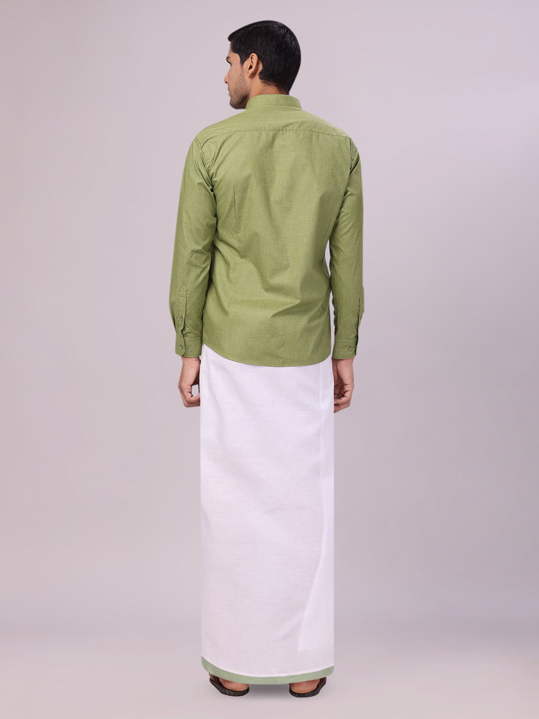 Men's Light Green Color Shirt with Matching Border Dhoti Combo Casper back pose