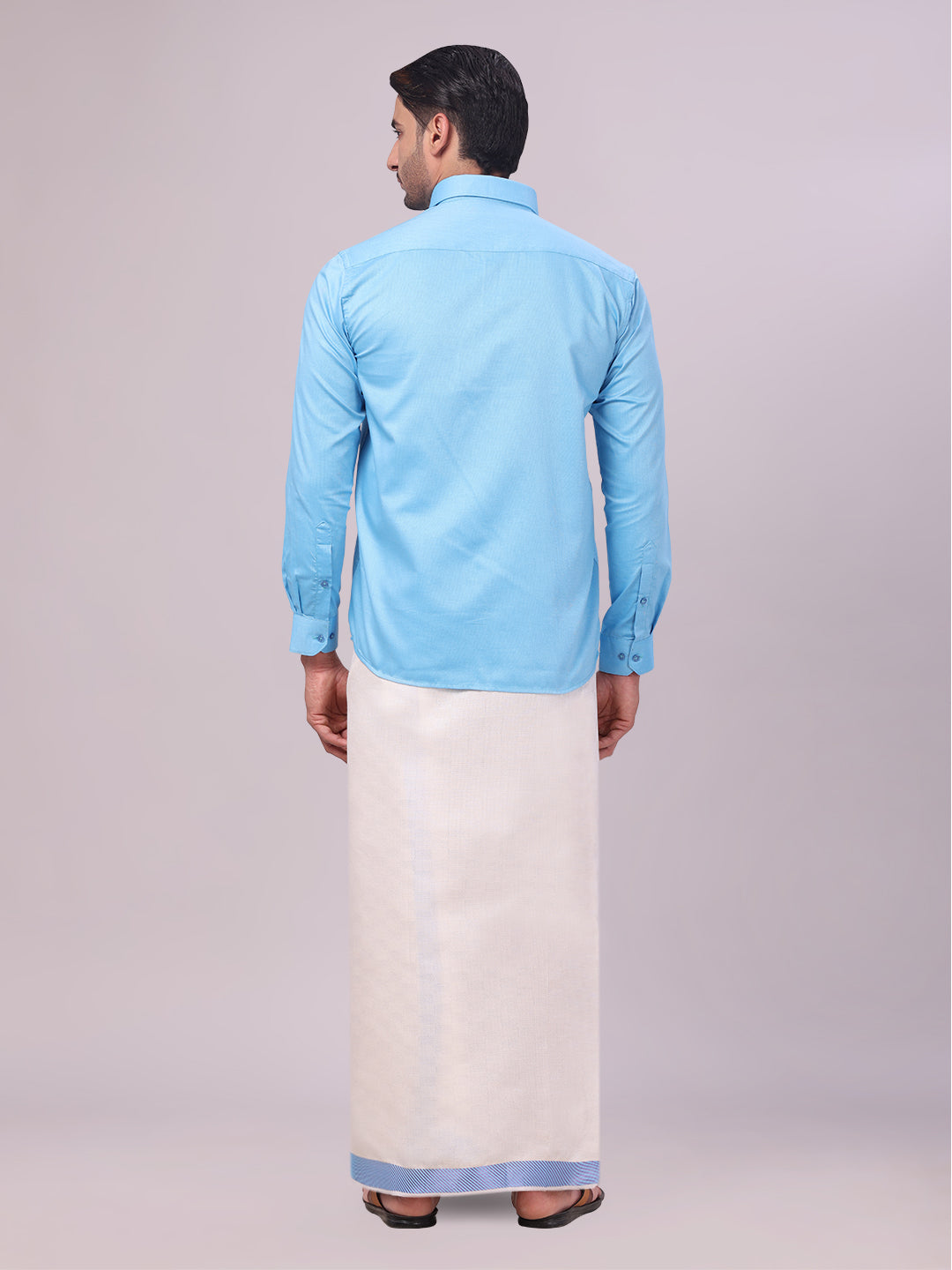 Men's Cotton Sky Blue Shirt and Airtex Matching Border Dhoti Combo Nector back pose