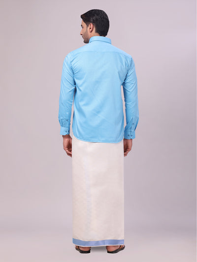 Men's Cotton Sky Blue Shirt and Airtex Matching Border Dhoti Combo Nector back pose