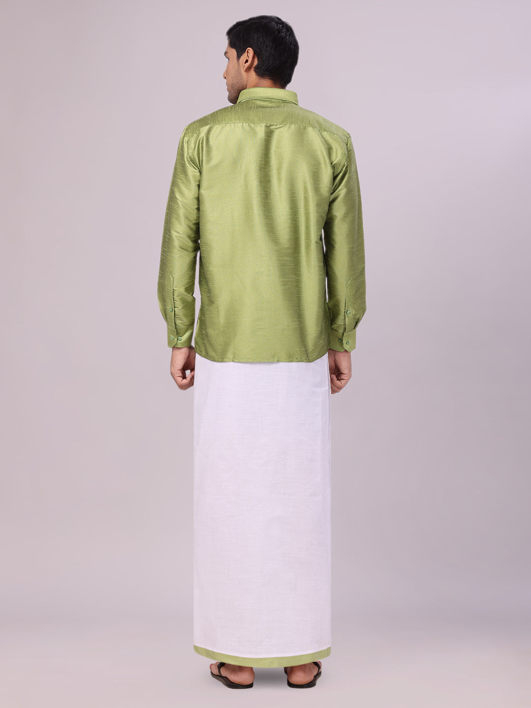 Men's Green Dupion Satin Shirt with Matching Border Flexi Dhoti Combo Gora Flexi back pose