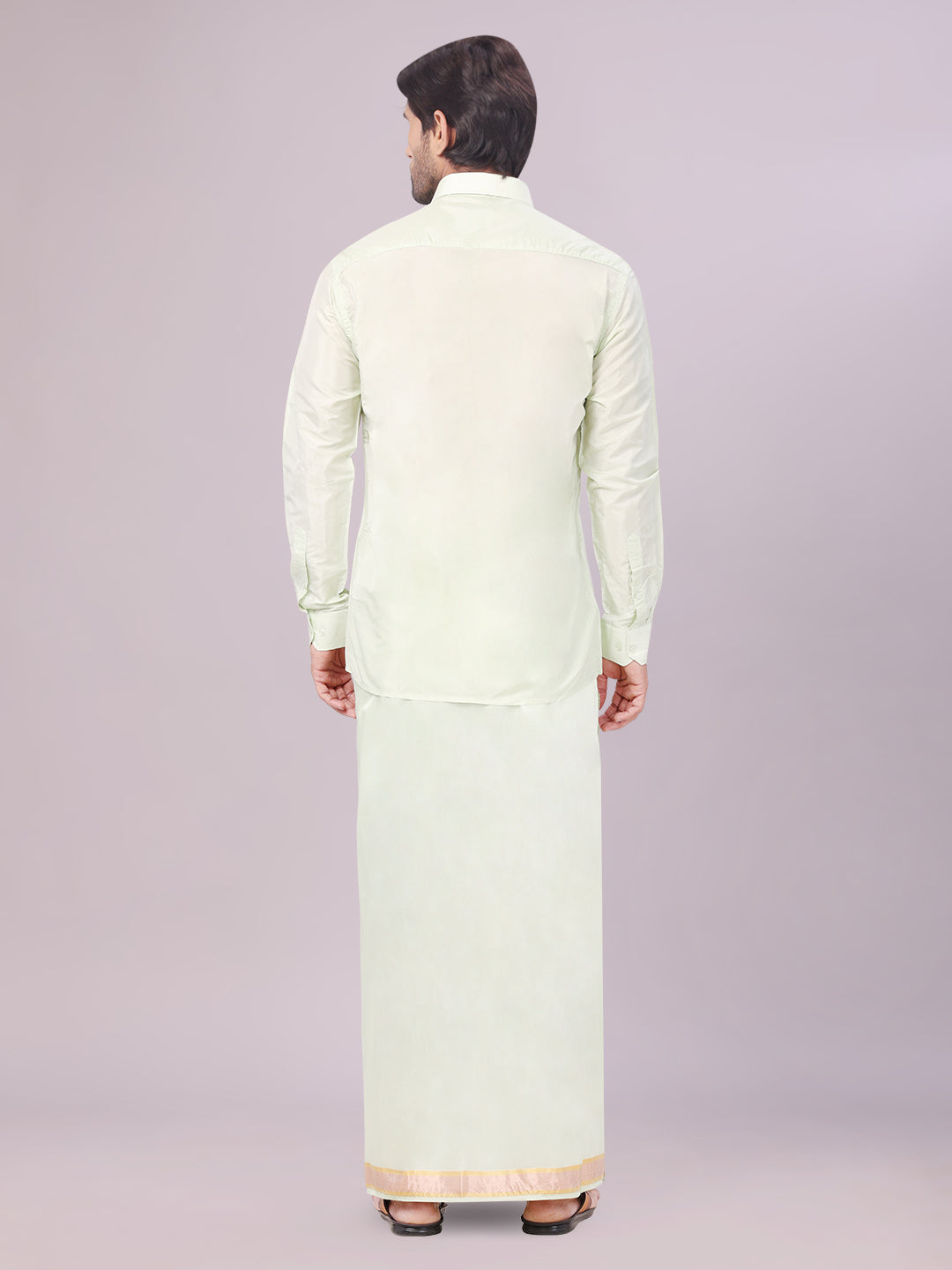 Men's Art Silk Pista Green Full Sleeves Shirt with Gold Jari Border Dhoti Combo Finesse back pose