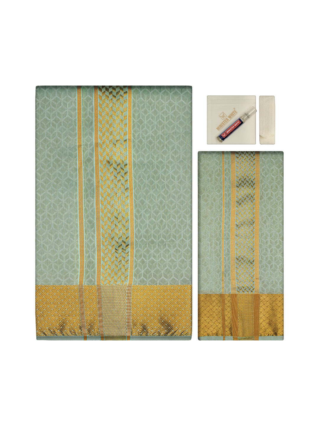Men's Premium Art Silk Pista Green Shirt Bit with 2 1/2" Gold Jari Border Dhoti Combo Sweden