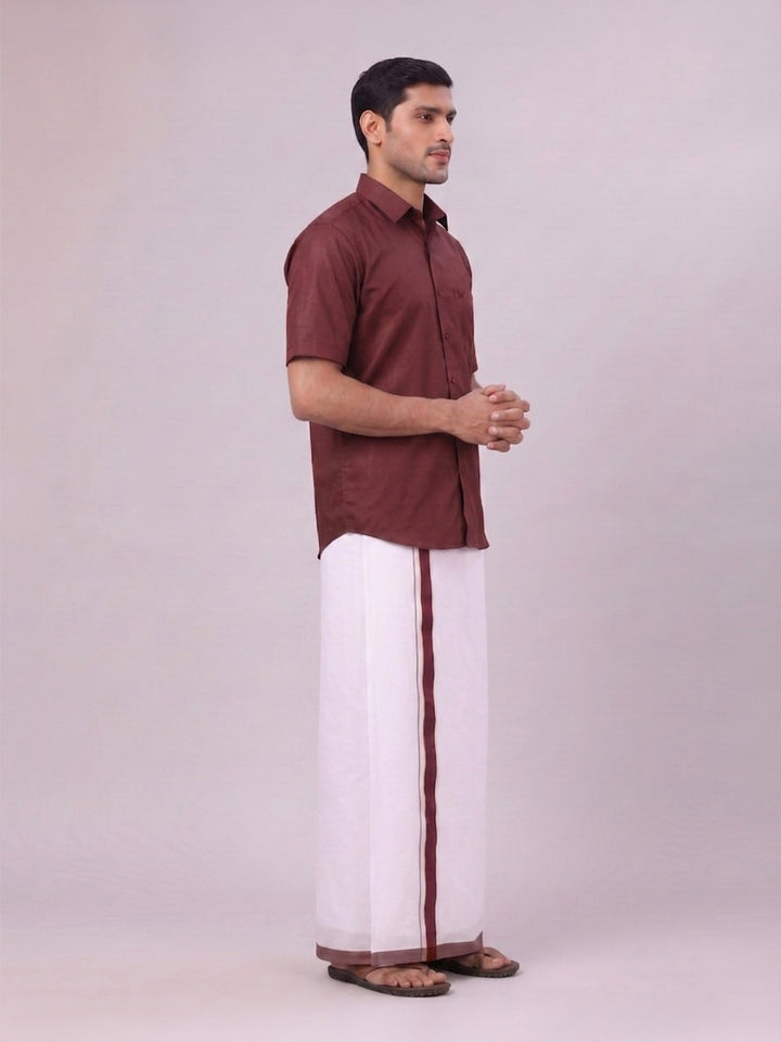 Mens Maroon Color Shirt with Matching Border Dhoti Combo Casper
