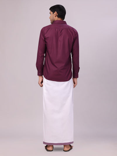 Men's Dark Wine Color Shirt with Matching Border Dhoti Combo Casper back pose