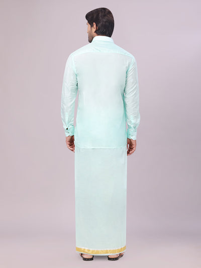 Men's Art Silk Mint Leaf Full Sleeves Shirt with Gold Jari Border Dhoti Combo Finesse back pose