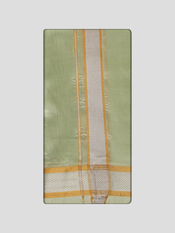 Men's Premium Art Silk Pista Green Shirt Bit with Gold Jari Border Dhoti Towel Combo Wedding Wonders