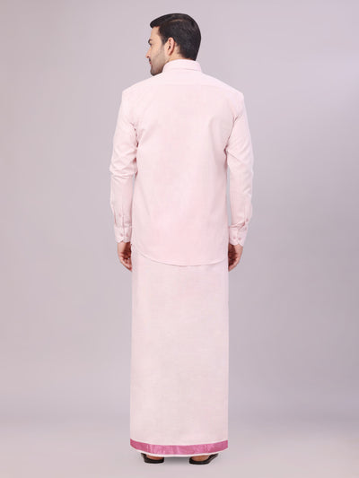 Men's Tissue Rose Shirt with Jacquard Fancy Border Flexi Dhoti Wedding Combo Nios back pose