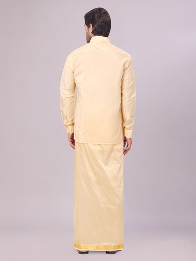 Men's Art Silk Medium Gold Full Sleeves Shirt with Gold Jari Border Dhoti Combo Finesse back pose