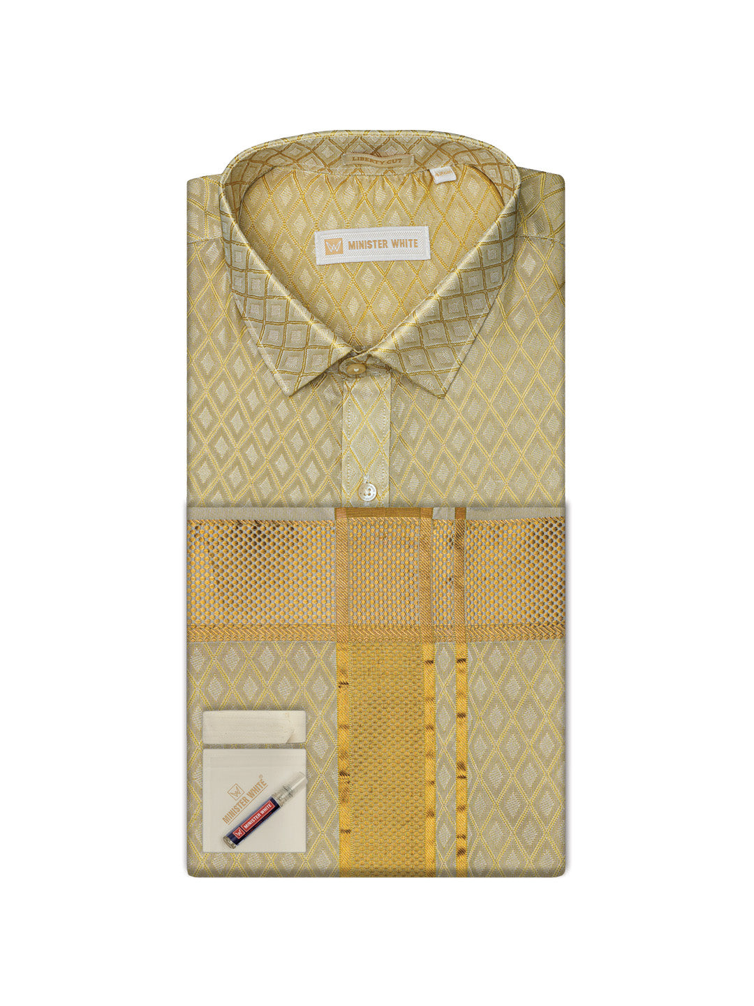 Mens Art Silk Jacquard Fawn Full Sleeves Shirt with 2 1/2"  Gold Jari Border & Towel Dhoti Combo Spruce