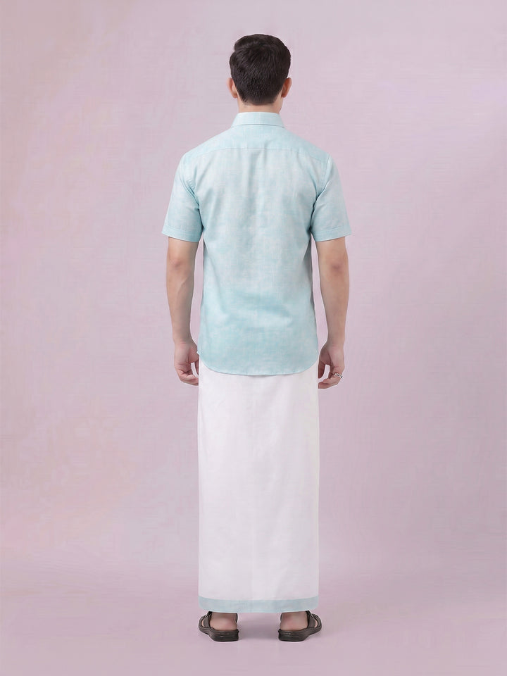 Men's Light Aqua Color Digital Printed Shirt with Matching Printed Border Dhoti Combo Varnam