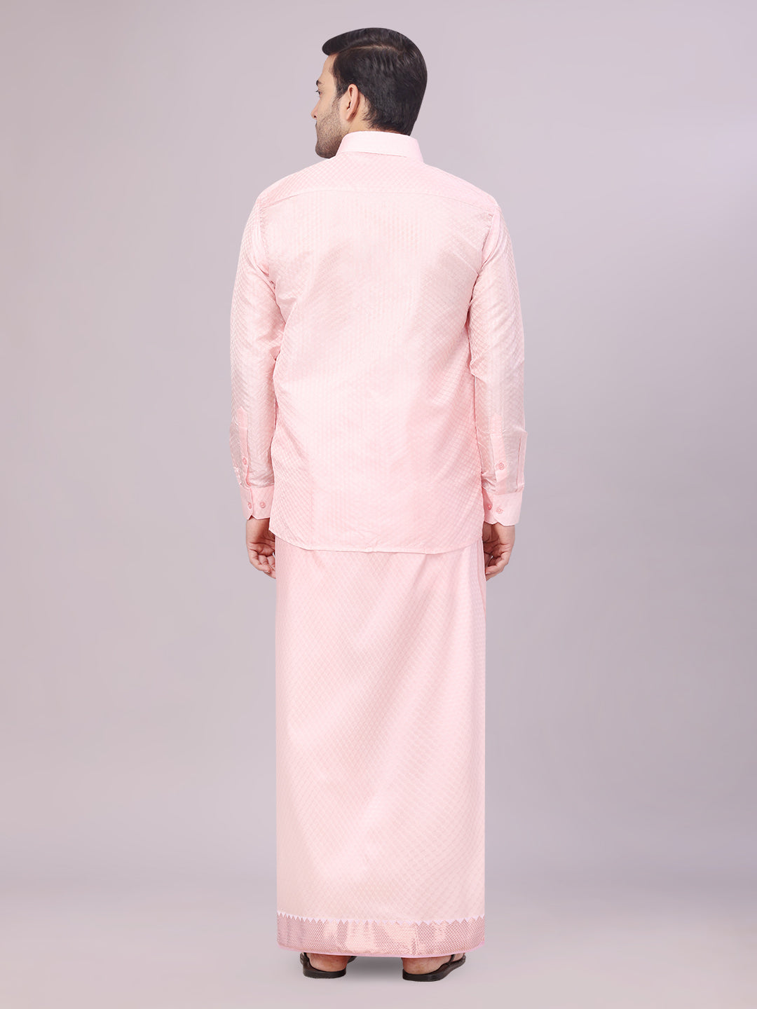 Men's Art Silk Pink Full Sleeves Shirt with 2 1/2" Copper Jari Border Dhoti Combo Neogen back pose