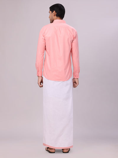 Men's Light Pink Color Shirt with Matching Border Dhoti Combo Casper back pose