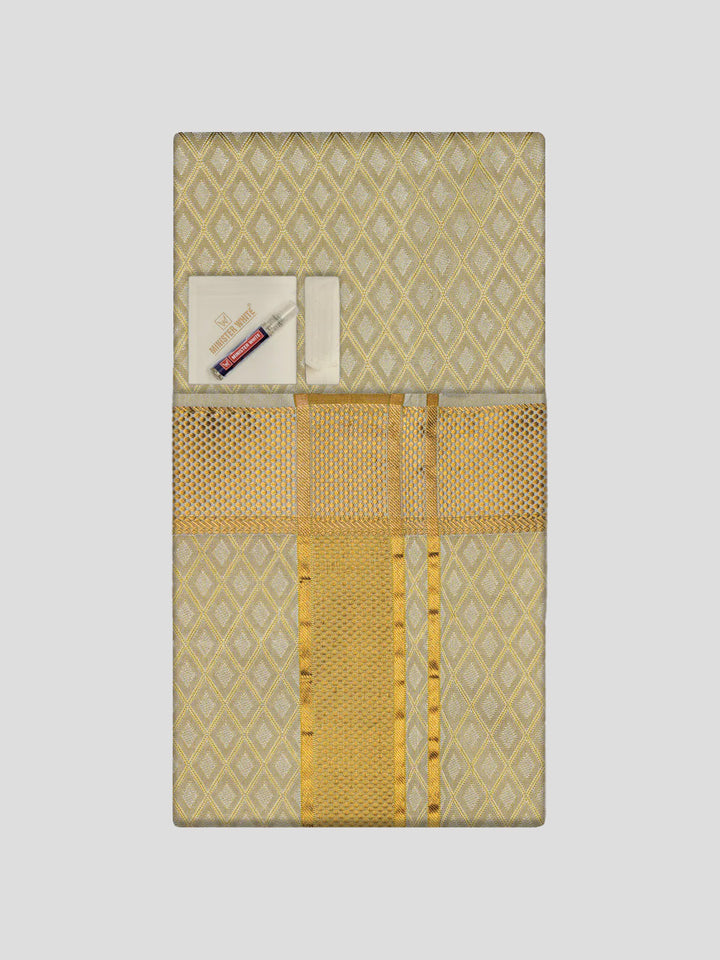 Men Art Silk Jacquard Fawn Full Sleeves Shirt with 2 1/2" Gold Jari Border & Towel Dhoti Combo Spruce