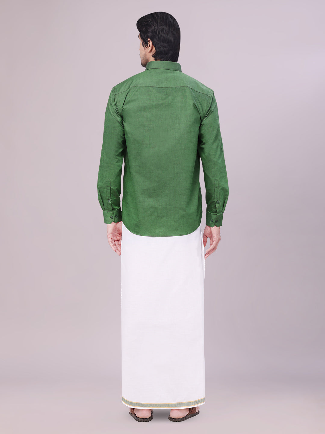 Men's Dark Green Shirt with Matching Border Dhoti Combo Pinto back pose