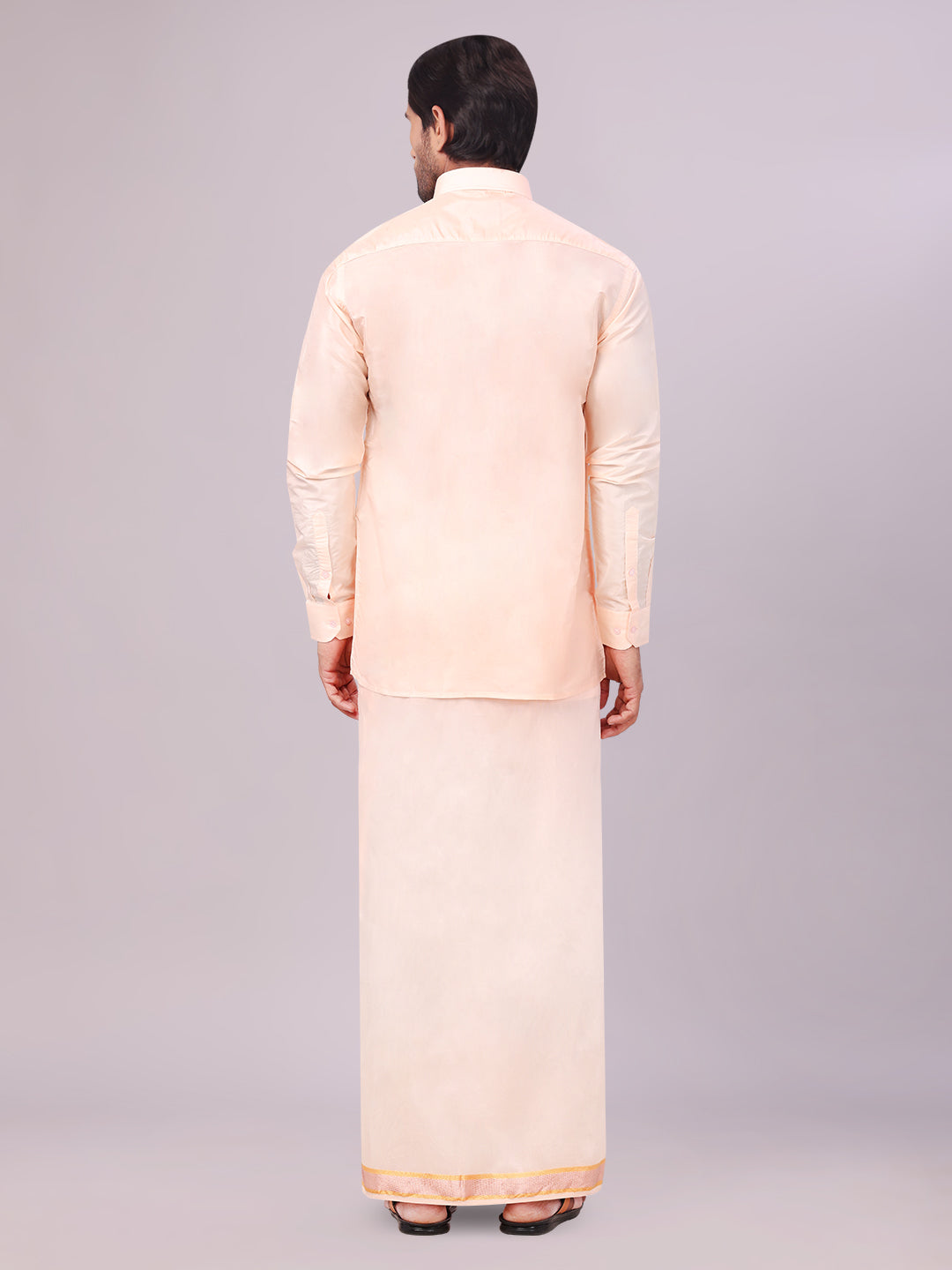 Mens Art Silk Light Peach Full Sleeves Shirt with Gold Jari Border Dhoti & Towel Combo Blush
