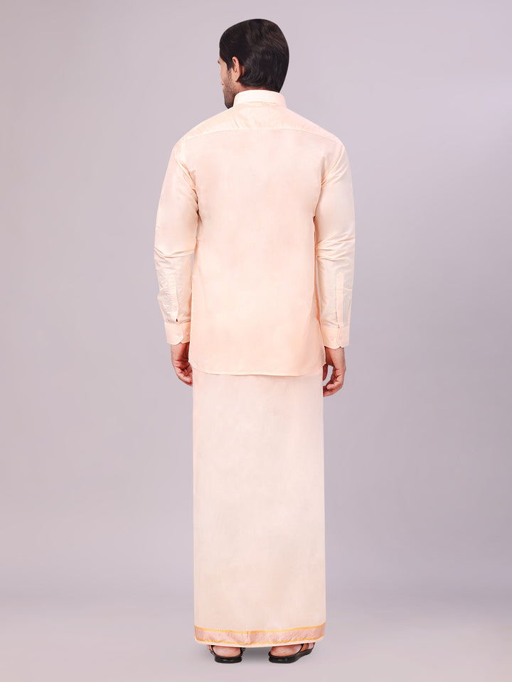 Mens Art Silk Light Peach Full Sleeves Shirt with Gold Jari Border Dhoti & Towel Combo Blush