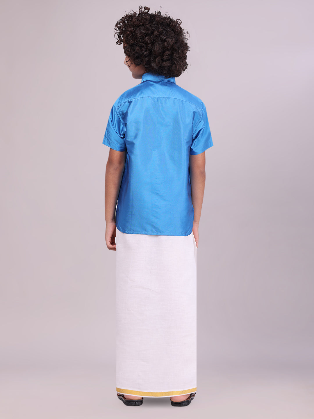 Boys Art Silk Sky Blue Half Sleeves Shirt with Gold Jari Flexi Dhoti Towel Combo back pose