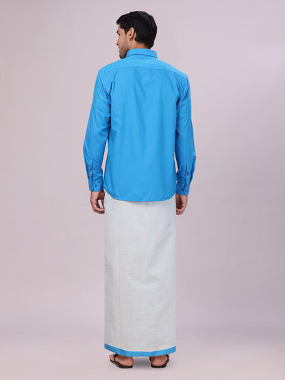 Men's Blue Color Cotton Shirt with Matching Border Tissue Dhoti Combo back pose