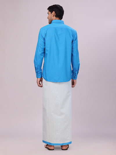 Men's Blue Color Cotton Shirt with Matching Border Tissue Dhoti Combo back pose