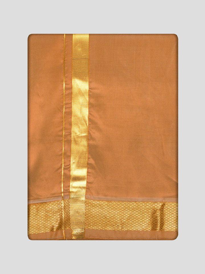 Men's Premium Art Silk Dark Gold Shirt Bit with Gold Jari Border Dhoti Towel Combo Wedding Wonders
