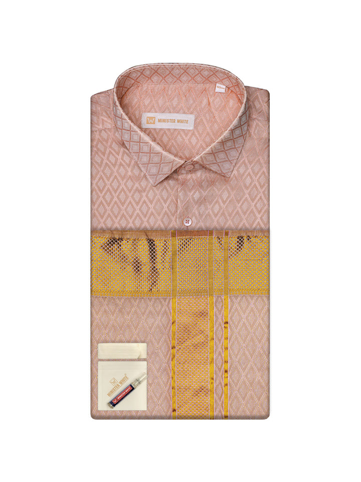 Mens Art Silk Pink Full Sleeves Shirt with 2 1/2"  Gold Jari Border & Towel Dhoti Combo Spruce