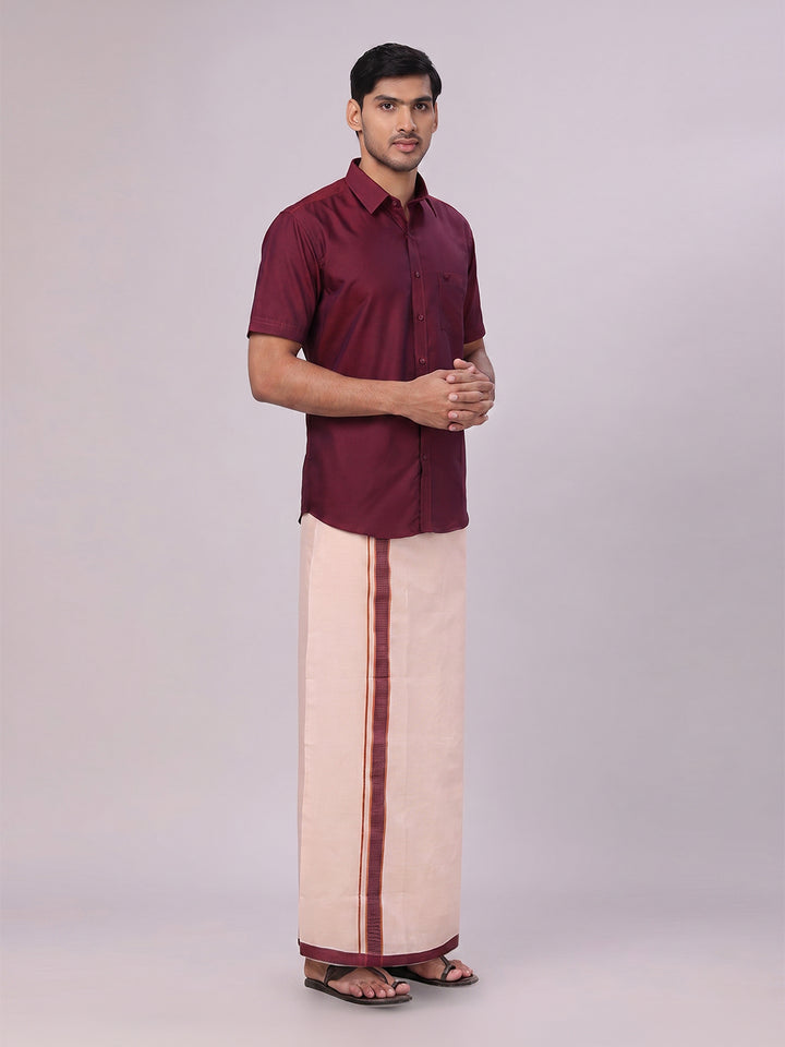 Mens Cotton Maroon Shirt with Tissue Matching Border Dhoti Wedding Combo Kandala