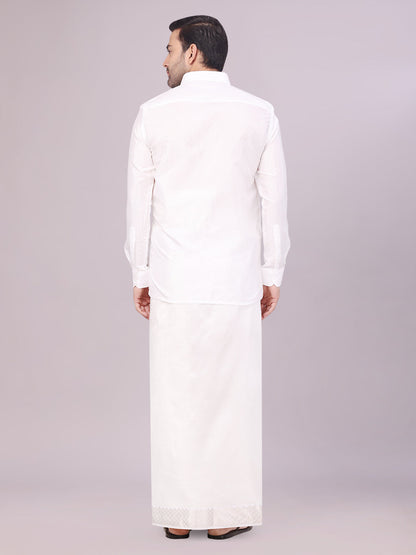 Men's Art Silk Half White Full Sleeves Shirt with 2 1/2" Jari Border Dhoti Combo Nautica