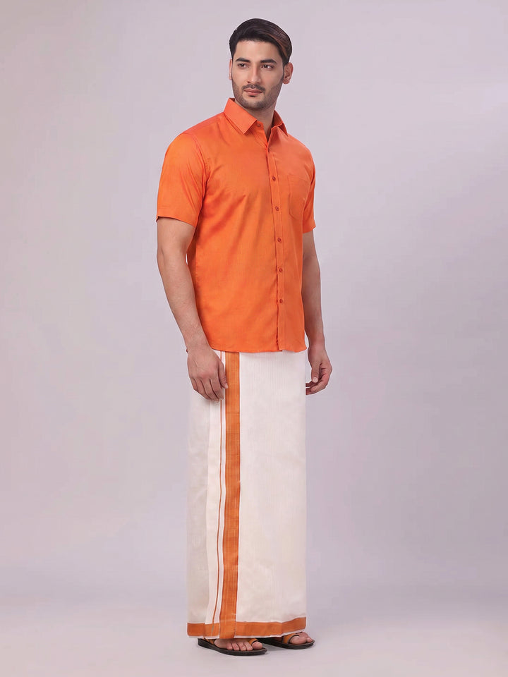 Men's Cotton Brick Shirt and Airtex Matching Border Dhoti Combo Nector
