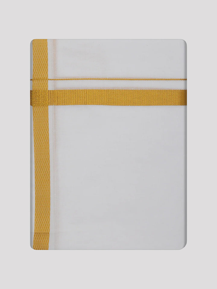 Mens Pure Cotton White Wedding Shirt Gold Jari Dhoti Towel Combo - Santham White