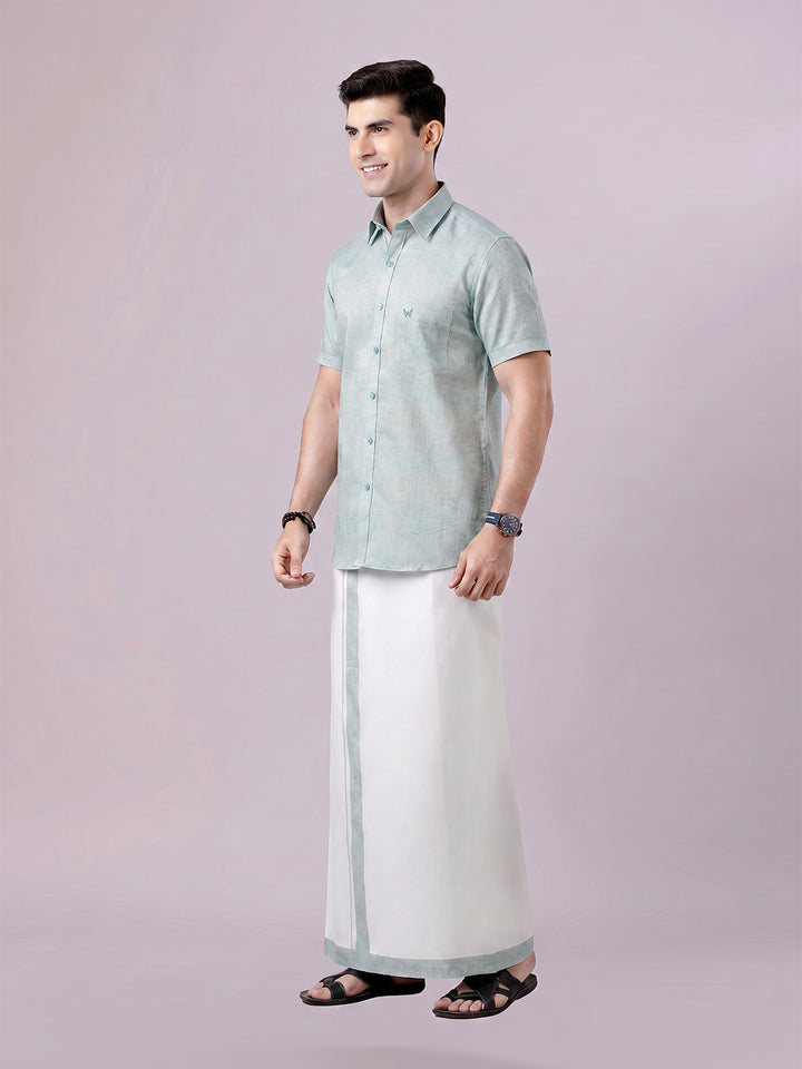 Men's Turquois Color Digital Printed Shirt with Matching Printed Border Dhoti Combo Varnam