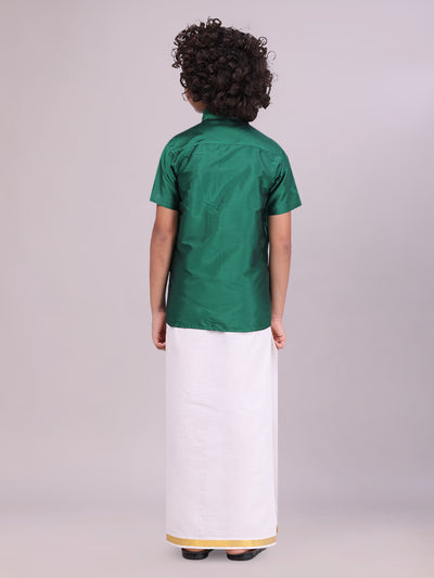 Boys Art Silk Green Half Sleeves Shirt with Gold Jari Flexi Dhoti Towel Combo back pose