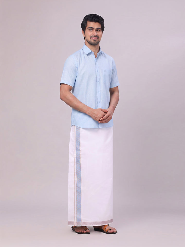 Men's Sky Blue Shirt with Matching jacquard Weave Border Dhoti Combo Marsh