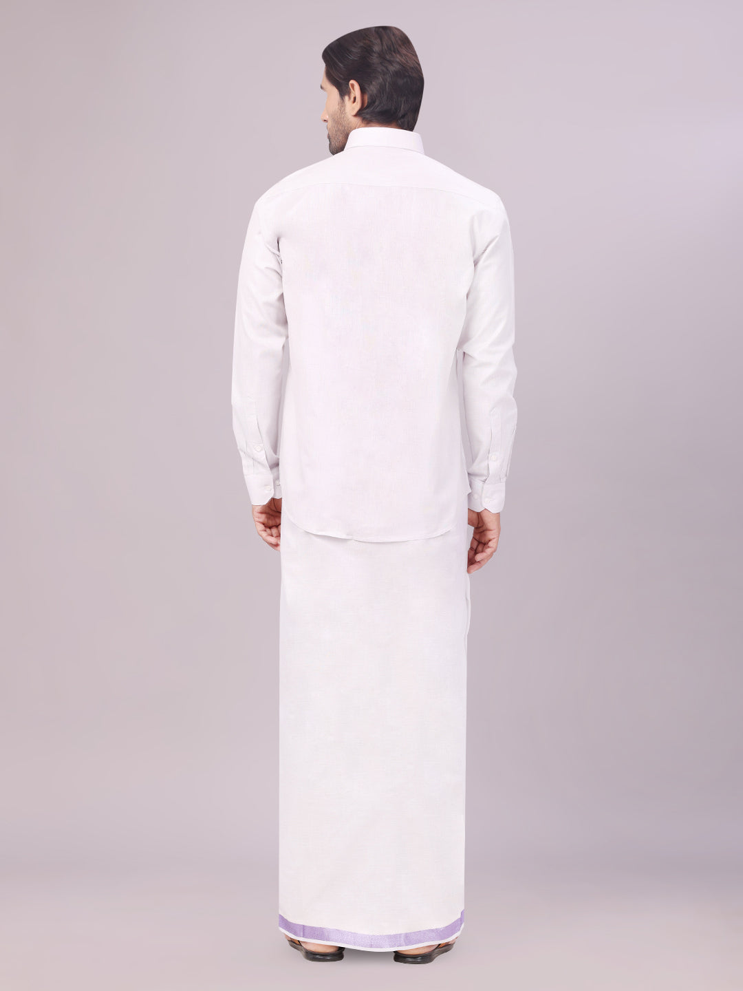 Men's Tissue Lavender Colour Dhoti Shirt Wedding Combo Maverick back pose