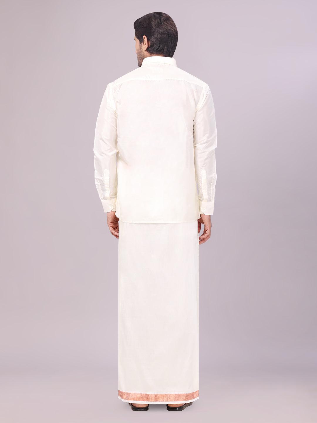 Men's Art Silk Cream Full Sleeves Shirt with Copper Jari Border Dhoti Combo Finesse back pose